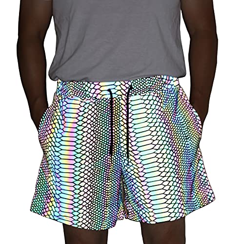 Lzlrun Rainbow Reflective Shorts Pants Men Fluorescent Trousers Casual Night Jogger (Snake Pattern, S) #TOP23