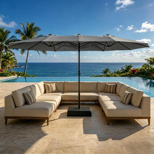 GarveeLife 15 ft Large Patio Umbrella with Base Included Double-Sided Rectangle Market Umbrella with Cross Base and Sandbag for Pool Lawn Garden (Grey)