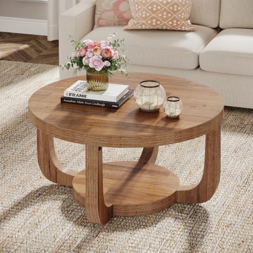 Image of Tribesigns Round Coffee Table, 2-Tier Circle Coffee Table with Storage, Modern Wooden Accent Center Table for Living Room, Thick Tabletop & Base (Rustic Brown)