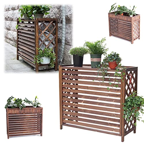 LAMEDOAT Cubierta De Aire Acondicionado Soporte De Flores con Persianas, Estante De Madera Almacenamiento De Plantas para Aire Acondicionado, Caja De Bote De Basura De Balcón De Madera Maciza Soporte
