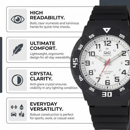 Image of Q&Q Men's Fibre Strap Analog Watch (Black Dial) - 100M Water Resistant, Lightweight Sports Casual Quartz Wristwatch - VR18J003Y