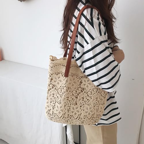 Bolso Tote con Bordado Floral de Seda y paja marrón miniatura 4