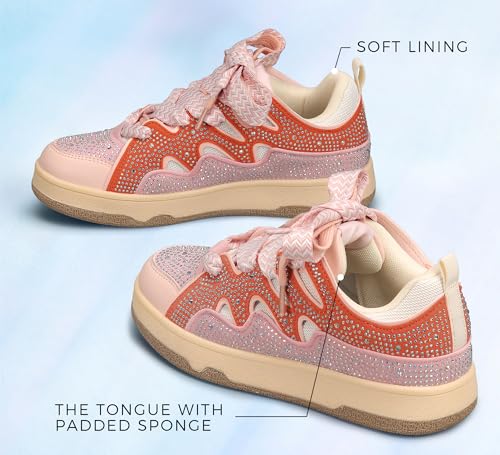 Image of LUCKY STEP Women Sparkle Rhinestone Fashion Sneakers | Walking Tennis Bling Glitter Shoes Platform Lace up Casual Mesh Sneaker
