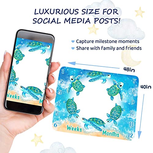 Image of Blue Sea Life Turtle Monthly Milestone Blanket Newborn Photo Swaddling Bag 48x40in Beach Gift