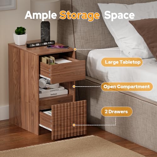 Image of Eongdon Fluted Nightstand, Mid Century Modern End Table with 2 Drawers and Open Storage, 11.7 inch W Narrow Bedside Table Organizer Compact Space Saving Night Stand for Bedroom, Sofa Side, Walnut