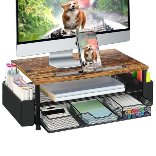 AUPSEN Wood Desk Organizers and Accessories, 2-Tier Computer Monitor Stand Riser with Drawer, Pen...