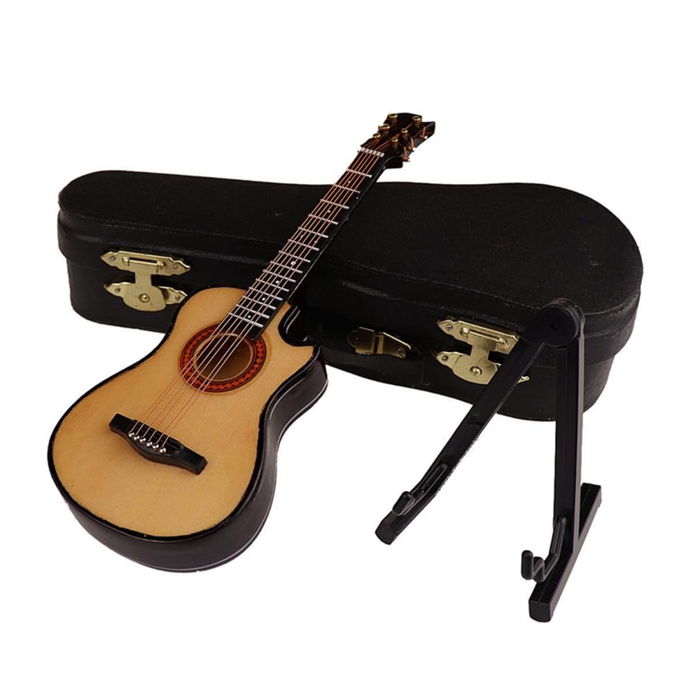 CTRLZS B-Wooden Miniature Guitar with Stand and Case Mini Musical Instrument Miniature Doll House Model Home Decoration Easy Install Easy to Use