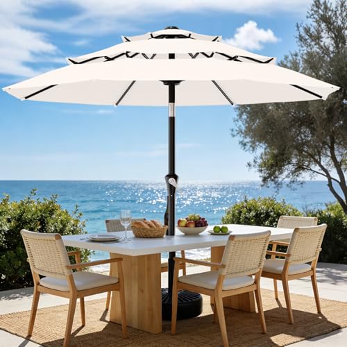 Image of AreShark 9ft 3-Tier Patio Umbrellas, Outdoor Umbrella with 8 Sturdy Ribs UV Protection Windproof, Market Table Umbrella w /Push Button Tilt & Crank for Pool, Porch, Deck, Garden(Cream White)