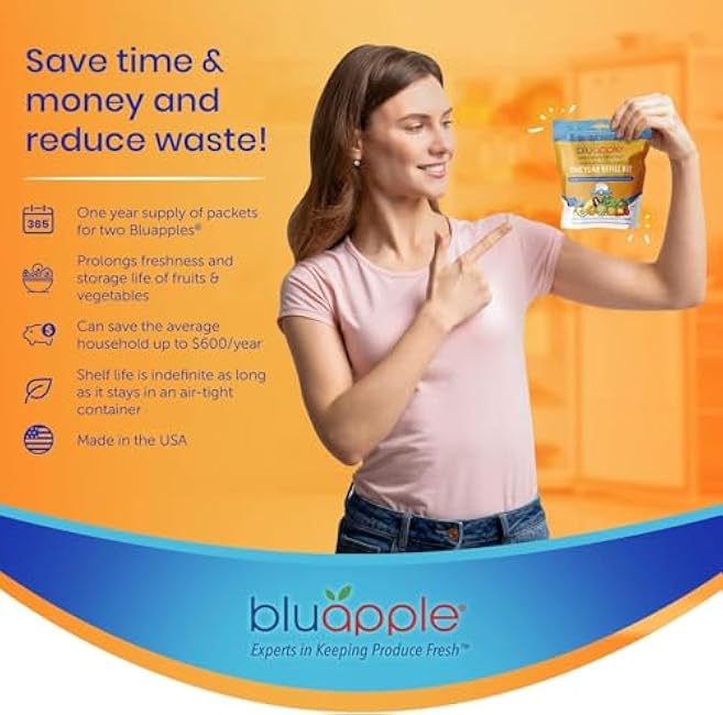 Bluapple Produce Saver Refill Kit - Keep Fruits & Vegetables Fresh Longer, Veggie & Fruit Saver, 8 Packets (9 grams each), Lasts up to 3 Months, Produce Storage, Ethylene Gas Absorber, Made in USA
