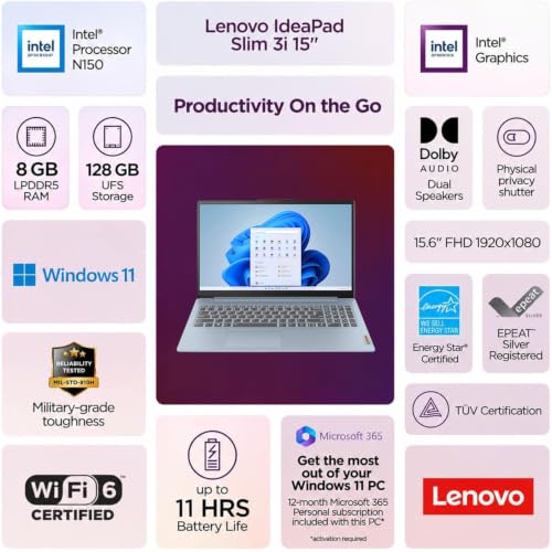 Image of Lenovo IdeaPad Slim 3i • 15.6 inch FHD Laptop with Microsoft Office 365 • Intel N150 • 8GB DDR5 • 128GB PCle SSD • Lightweight • Win 11