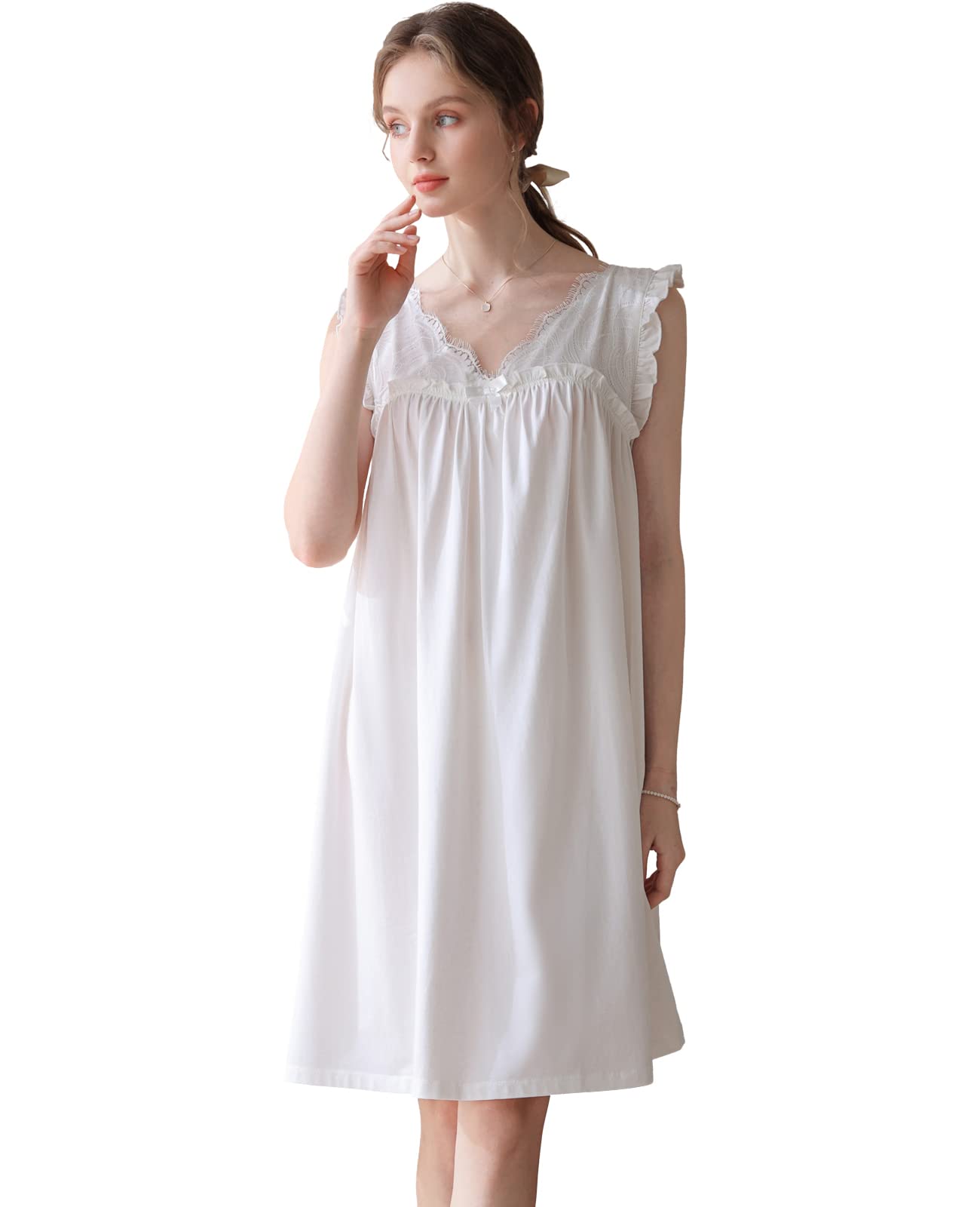 Nanxson Chemise de Nuit en Coton Tricoté pour Femme Robe de Nuit sans Manches Col en V Dentelle Vêtements de Nuit