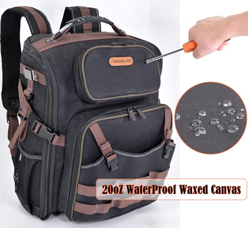 Image of WELKINLAND Waxed-Canvas Tool Backpack - Heavy-Duty Electrician Backpack with HVAC & Technician Tool Bag Storage