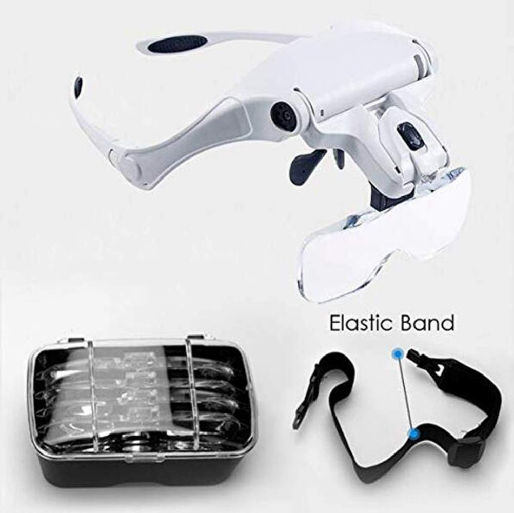EUQKKWLOY Kopfbandlupe mit 2 LED-Leuchten – Freihändige Leselupe mit Kopfhalterung, Vergrößerungsbrille mit Leuchte und 5 austauschbaren Linsen (1,0X, 1,5X, 2,0X, 2,5X, 3,5X).