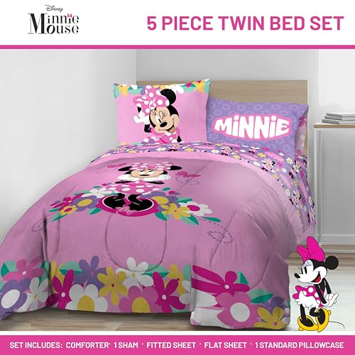 Image of Disney Minnie Mouse Twin Comforter Set 5 Piece Kids Cartoon Bedding, Pink | Bed in a Bag, Comforter Sheets Sham Pillowcase, Official Brand, Soft Microfiber, Machine Washable, Easy Care, Girls Gift