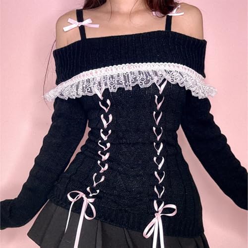 Image of Y2k Off The Shoulder Sweater for Women Lolita Cute Bow Front Lace Trim Knit Pullover Kawaii Long Sleeve Jumper Tops