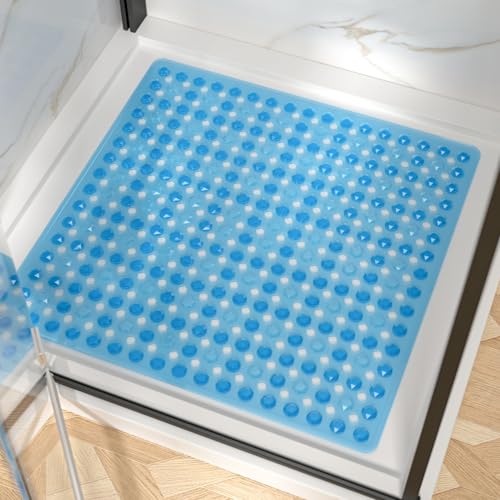 Image of HITSLAM Shower Mat Anti Slip, Square Bath Mat for Tub Non Slip with Suction Cups and Drain Holes, 24x24 Inch Bathroom Shower Stall Floor Mat, Machine Washable, Soft on Feet, Blue