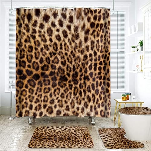 Onalasyc 4 Pcs Leopard Shower Curtain Cheetah Print Bathroom Set Shower Curtain Sets with Rugs Brown Animal Print Shower Curtain Bathroom Decor Sets juego de baos de Set completo with 12 Pcs Hook