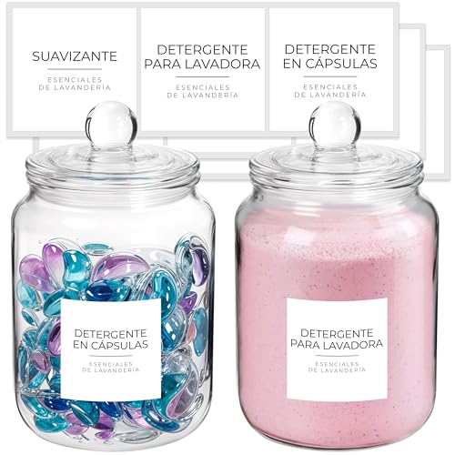 Winter Shore Tarros de Cristal de 2 L con Tapas y Etiquetas (Pack de 2) - Recipientes de Cristal Herméticos para Organización y Colada - 8 Etiquetas para Detergente en Polvo, Pastillas y Suavizante