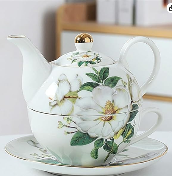 Glowify Porcelain Tea for One, Floral Teapot and Cup Set, Rattan Flowers,British Afternoon Tea Single teapot with Frying Mouth Creative Office Scented Tea Set (Garden Lily)