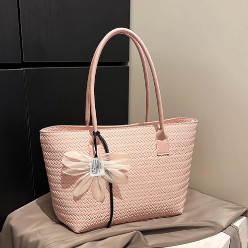Women Casual Woven Tote Handbag with Pendant PU Leather Work Shoulder Bag (Pink)3