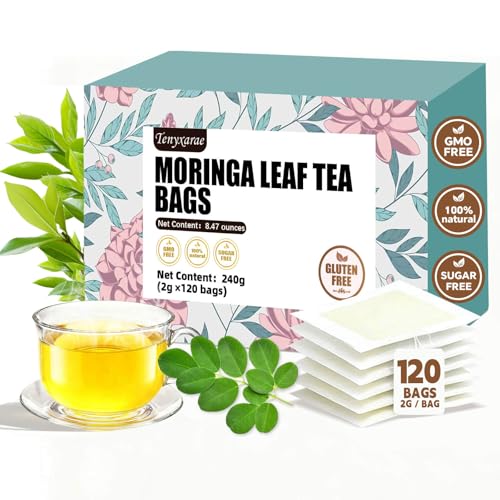 Organic Moringa Tea Bags, 120 Teabags, 2g/Bag, Made with 100% Natural Moringa Leaves. Helps with Digestion, Caffeine-Free, Sugar-Free, Gluten-Free,Vegan. Individually Packaged in Eco-Friendly Bags