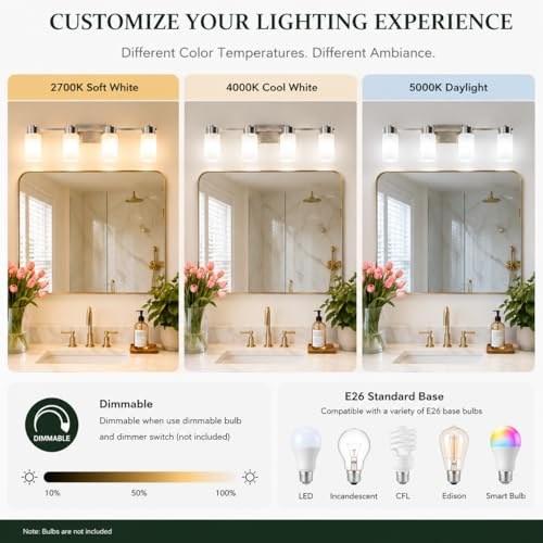 Image of 4-Light Bathroom Vanity Light, Brushed Nickel Vanity Light with Frosted Glass Shades, E26 Base Bathroom Light Fixture, Dimmable, Up or Down Wall Mount Lighting for Bathroom Mirror