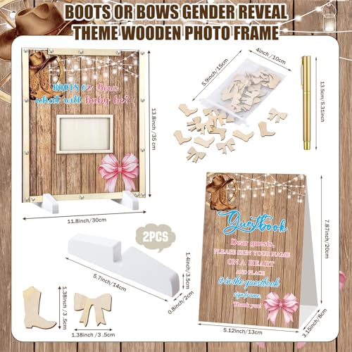 Image of Beeveer 65 Pcs Boots or Bows Gender Reveal Baby Shower Guest Book Alternatives Western Gender Reveal Decorations Sign in Guest Book with Picture Frame and 60 Wooden Chip for He or She Party Keepsake