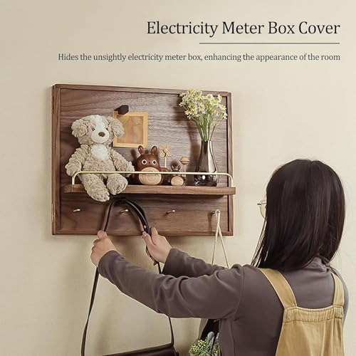 Farmhouse Wooden Electric Panel Cover, Wall-Mounted Breaker Box with Hooks & Shelf, Decorative Hidden Circuit Breaker Cover for Kitchen (21.6" x 17.7")