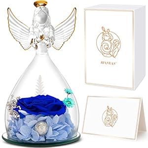 RIANEAN Preserved Rose Birthday Gifts for Women Mom Her Grandma Friend, Blue Real Roses Flowers in Angel Figurines Glass…