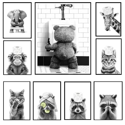 BeiYiHo Affiche Toilette WC Humour Animaux Ours Tableau Decoration Murale Noir et Blanc Moderne 21x30cm Poster Mural Art Toilette Impression sur Toile Deco WC...