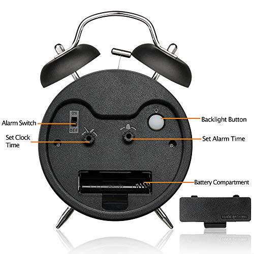 Image of Eachui Double Bell Alarm Clock with Night Light, Loud Alarm, Analogue Alarm Clock with Large Dial of 4 Inches, No Ticking, Silent, Alarm Clock Battery Operated, Retro Design (Black)