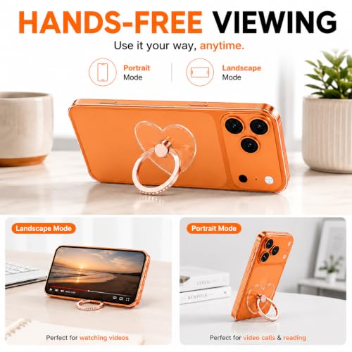 Image of Mizi 2Pack Transparent Heart Phone Ring Holder Kickstand, Bling Crystal Finger Grip Stand with 360 Rotation for iPhone, Samsung, Android Phones & Cases - Rose Gold