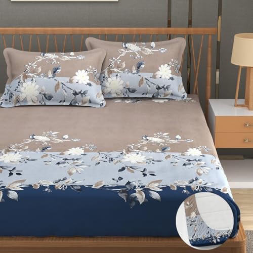 Image of Vram Premium Heavy Cotton Elastic Fitted Bedsheets with 2 King Size Pillow Covers || Double Bed with All Around Elastic 350 TC || 72 x 72 x 10 Inch King Size Fitted || :- Blue Tricolor