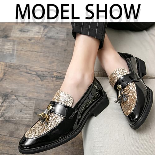 Men's Patent Leather Sequin Penny Loafers with Tassel Decoration Round Toe Chunky Heels Business Casual Dress Loafers Wedding Banquet Formal Shoes4