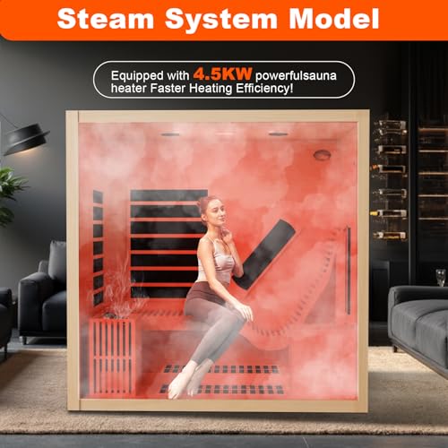 Dual System Wooden Steam Sauna Room with 4.5 KW Stove Heater, Luxurious Indoor Infrared Sauna Home with 7 Upgraded Heaters, Canadian Helmock, 71" L x 51" W x 75" H - Image 3