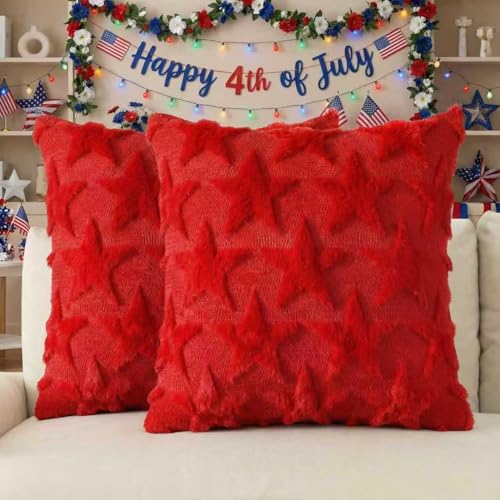 AVOIN colorlife 4th of July Stars Red Patriotic Throw Pillow Covers 20 x 20 Inch Independence Memorial Day Soft Plush Faux Fur Jacquard Cushion Case Decoration for Sofa Couch Set of 2