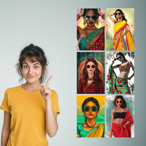 Image of SiddArtify Stylish Women in Sarees Art Print Set - 300GSM Board - 8x12 Inch - Pack of 6 Wall Room Decoration art Poster Prints