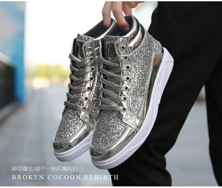 Glod Shoes for Men Fashion High Top Casual Sequin Sparkly Sneakers Men's Bling Shiny - Image 2