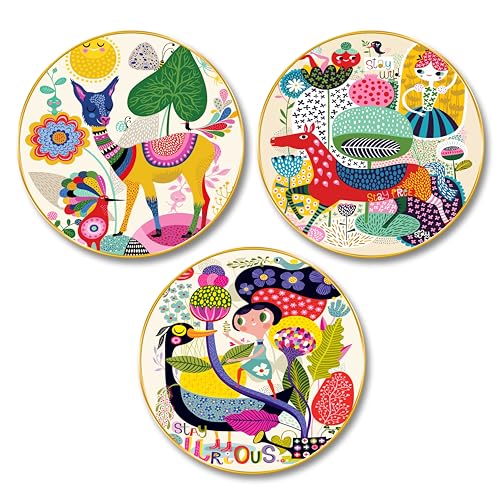Image of Livin'luxe Set of 3 Round Cartoon Animal Wall Art | Premium Sparkle with Golden Frame Decorative Panels | Colorful Kids Room Wall Hanging| Nursery Jungle Theme Wall Decor for Home & Play School 16 In