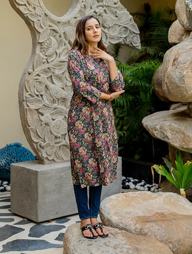 Image of MIRCHI FASHION Pure Cotton A-Line Long Kurti | Printed Kantha Work Kurta for Women | Ethnic Office Wear Kurti