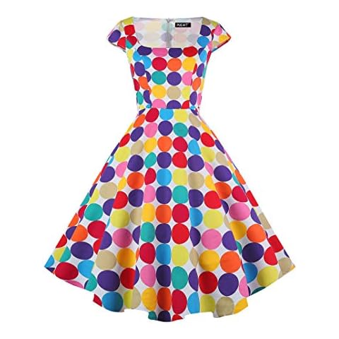 PUKAVT Women's Cocktail Party Dress Cap Sleeve 1950 Retro Swing Dress with Pockets Colorful Dot L Cover