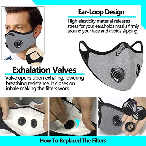 Masque anti-poussière anti-pollution pour sport avec 3 filtres à charbon actif et 2 valves anti-poussière - Pour moto, cyclisme, course à pied, évacuation des fumées (gris) - Image 7