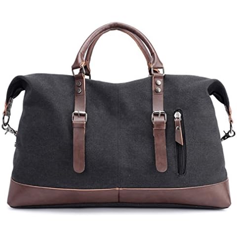 Canvas Leather Duffel Bag Weekender Shoulder Handbag Overnight Bag Carry on Travel Tote (Large-Black) Cover