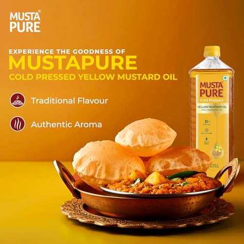 Image of Musta Pure Cold Pressed Yellow Mustard Oil 1 Litre Cooking Oil, Unrefined, Naturally Cholesterol Free, A1 Grade Real Mustard Seeds For Natural Aroma & Flavour For Roasting, Frying, Baking - PET Bottle