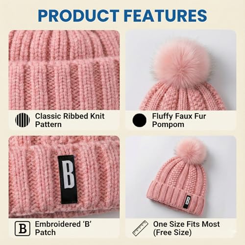 Image of Kraptick Women's Winter Cap - Knit Beanie with Soft Fleece Lining Hat, Stylish Pom Pom Thick Woollen Skull Cap, Warm Hat for Ladies & Girls -3
