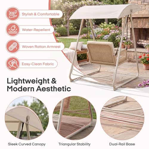 Image of Patio Swing with Adjustable Canopy, Single Seat Khaki | Heavy-duty triangular steel stand frame,Weather-resistant materials for outdoor use, backyard, porch, patio, garden, and lawn