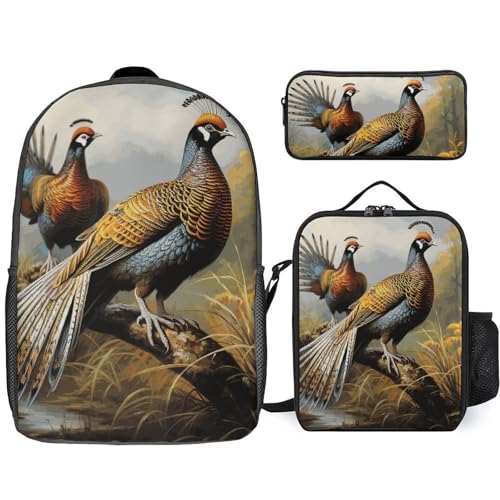 Pheasants Animals Backpack Set Lightweight Bag Lunch Box Pencil Bags for Women Men Bookbags 3 in 1