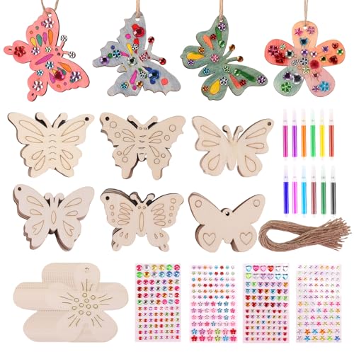 46 Pezzi Legno Fai da Te Bricolage Bambini Lavoretti Creativi per Bambini Kit Materiale Bambina Legno Fiori Farfalla con Penne Colorate e Adesivi di Pietre Preziose Crafting Diy Hobby Pittura Giochi