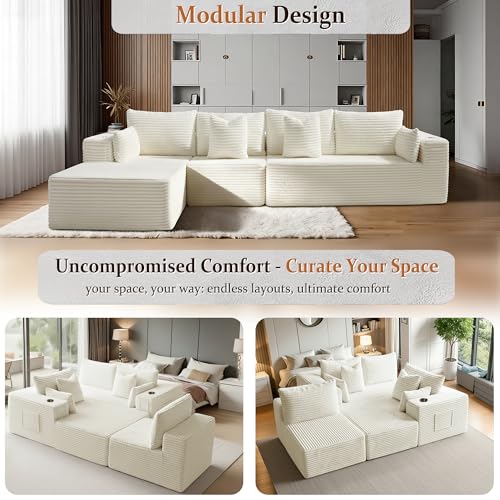Image of 138 inch Cloud Sectional Couch, Comfort L Shaped Boneless Couch for Living Room, Extra Deep Seats No Assembly, Minimalist Modular Sofa, Corduroy (Cream, 3 Seater+Left Facing Chaise)