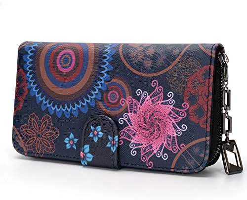 MoFut Großer Geldbeutel für Damen im Langformat, mit Blumen-und Mandala-Muster im Ethno-Stil, Portemonnaie verfügt über einen Reißverschluss, Druckknopf und viele Fächer für optima